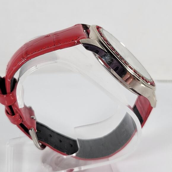 Red Crystal Bezel Quartz Watch with Leather Strap, Analog Display, 40mm Case - Picture 3 of 16